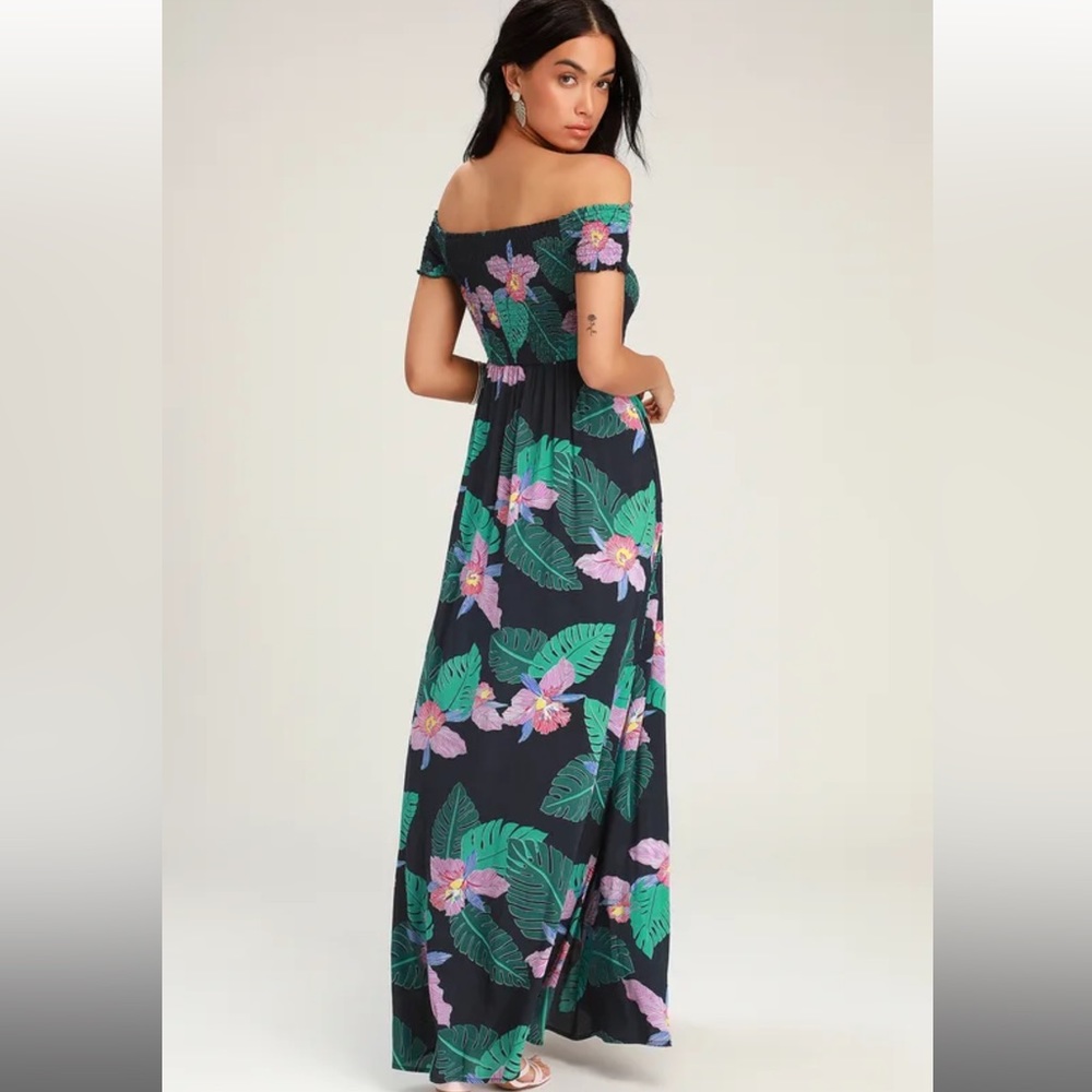Lulus Patsy Navy Blue Floral Print Off-the-shoulder dress size xs(runs generous) - Picture 2 of 4